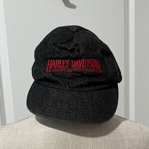 Harley-Davidson RARE FIND VTG USA Black Denim Hat with Red Embroidery